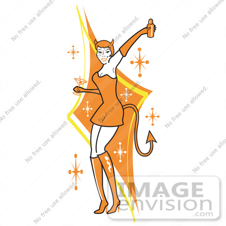 #29209 Royalty-free Cartoon Clip Art of a Woman In A Tight Orange Dress, Gloves And Tall Boots And Forked Devil Tail, Dancing While Drinking At A Halloween Party by Andy Nortnik