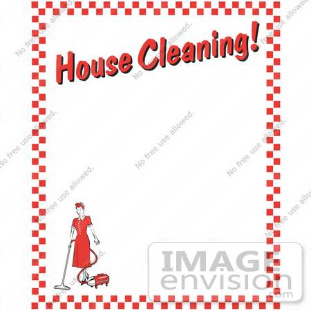 #29214 Royalty-free Cartoon Clip Art of a Woman Vacuuming With A Canister Vacuum With Text Reading "House Cleaning!" Borderd By Red Checkers by Andy Nortnik