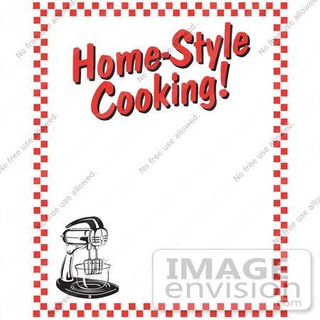 #29217 Royalty-free Cartoon Clip Art of an Electric Mixer And Text Reading "Home-Style Cooking!" Borderd By Red Checkers by Andy Nortnik