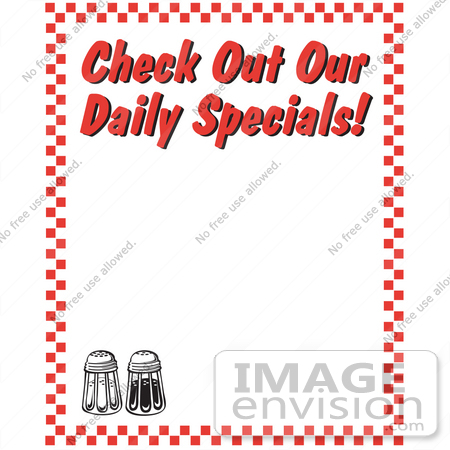 #29227 Royalty-free Cartoon Clip Art of a Salt And Pepper Shakers And Text Reading "Check Out Our Daily Specials!" Borderd By Red Checkers by Andy Nortnik