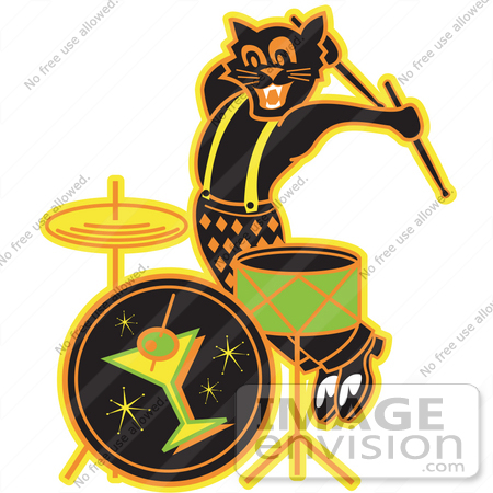 #29234 Royalty-free Cartoon Clip Art of a Black Cat Playing the Drums While Entertaining at a Bar by Andy Nortnik