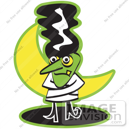 #29237 Royalty-free Cartoon Clip Art of the Bride of Frankenstein Standing in Front of a Crescent Moon and Wearing a Straitjacket by Andy Nortnik