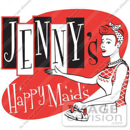 #29241 Royalty-free Cartoon Clip Art of a Happy Redhaired Woman In An Apron, Ironing Clothes On A Vintage Jenny’s Happy Maids Advertisement by Andy Nortnik