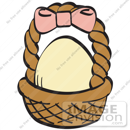 #29242 Royalty-free Cartoon Clip Art of a Egg In A Brown Easter Basket With A Pink Bow On The Handle by Andy Nortnik