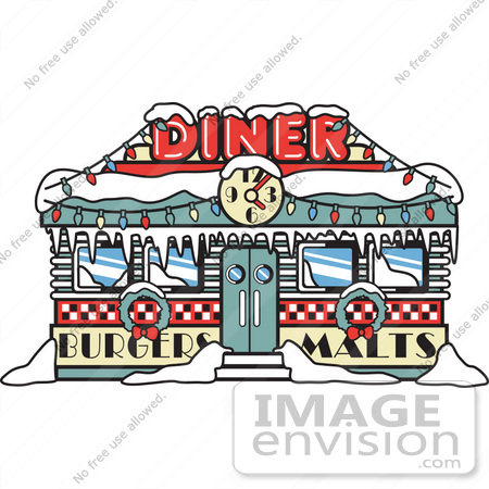 #29276 Royalty-free Cartoon Clip Art of a Retro Diner In Snow, Decorated In Christmas Wreaths And Lights by Andy Nortnik