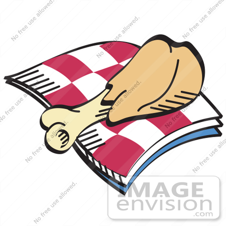 #29277 Royalty-free Cartoon Clip Art of a Tasty Chicken Drumstick on a Checkered Picnic Blanket by Andy Nortnik