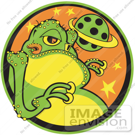 #29279 Royalty-free Cartoon Clip Art of a Big Fat Green Alien With A Yellow Belly And Yellow Suction Fingers, Licking His Lips by Andy Nortnik