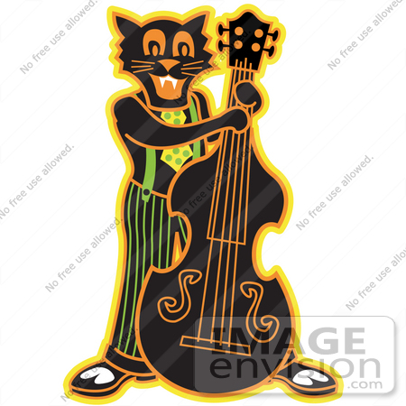 #29306 Royalty-free Cartoon Clip Art of a Black Cat Playing a Bass Fiddle in a Band by Andy Nortnik