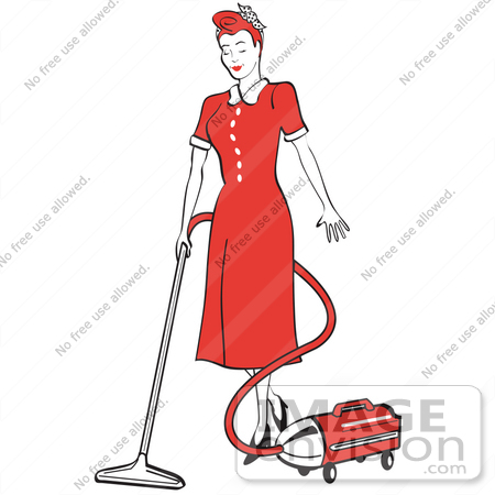 #29307 Royalty-free Cartoon Clip Art of a Red Haired Housewife Or Maid Woman In A Long Red Dress And Heels, Using A Canister Vacuum To Clean The Floors by Andy Nortnik