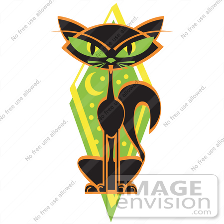 #29309 Royalty-free Cartoon Clip Art of a Mysterious Thin Black Cat Sitting In Front Of A Green Diamond With The Moon And Stars by Andy Nortnik