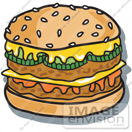 #29331 Royalty-free Cartoon Clip Art of a Tasty Double Cheeseburger With Two Meat Patties, Pickles, Ketchup And Melted Cheese On A Sesame Seed Bun by Andy Nortnik