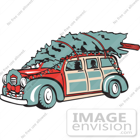 #29337 Royalty-free Cartoon Clip Art of a Red Woodie Car Carrying A Christmas Tree On The Roof, Decorated In Christmas Lights And A Wreath by Andy Nortnik