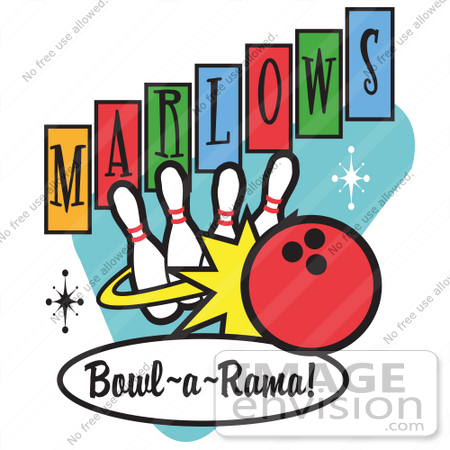 #29340 Royalty-free Cartoon Clip Art of a Red Bowling Ball Crashing Into Bowling Pins On A Vintage Marlows Bowl O Rama Sign by Andy Nortnik