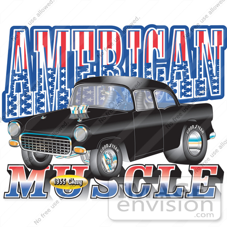 #29348 Royalty-free Cartoon Clip Art of a Black 1955 Chevy Muscle Car With Text Reading "American Muscle" With Stars And Stripes by Andy Nortnik