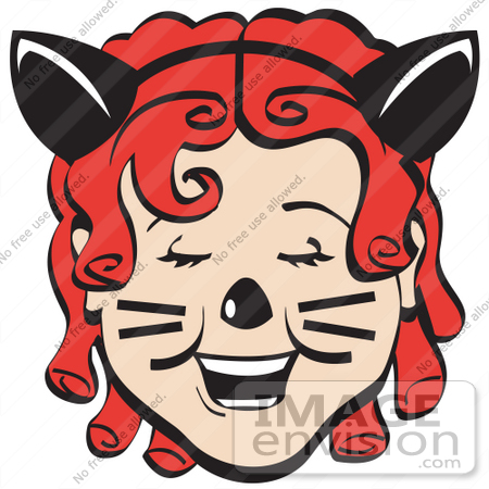 #29362 Royalty-free Cartoon Clip Art of a Pretty Red Curly Red Haired Girl Wearing A Headband With Cat Ears, Her Nose Painted And Cheeks With Whiskers, Laughing On Halloween by Andy Nortnik