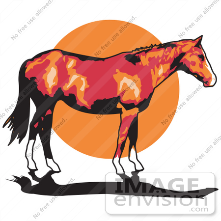 #29384 Royalty-free Cartoon Clip Art of a Brown Horse With White Feet Standing Against A Sunset by Andy Nortnik