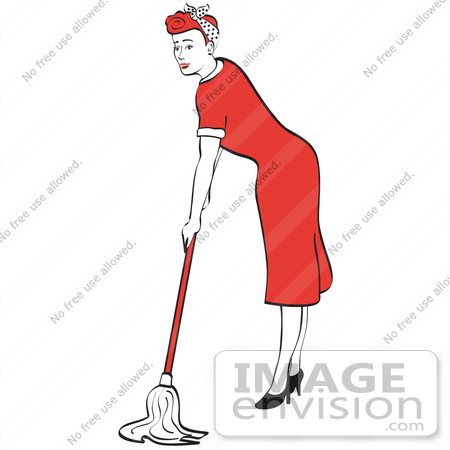 #29386 Royalty-free Cartoon Clip Art of a Red Haired Housewife Or Maid Woman In A Long Red Dress And High Heels Using A Mop To Clean The Floors by Andy Nortnik