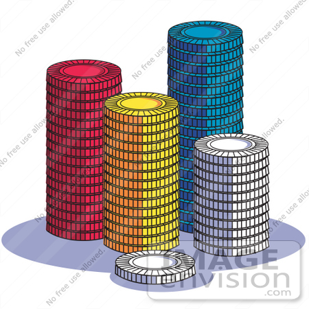 #29391 Royalty-free Cartoon Clip Art of a Stacks Of Red, Yellow, Blue And White Poker Chips In A Casino by Andy Nortnik