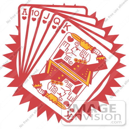#29394 Royalty-free Cartoon Clip Art of a Hand Of Red Playing Cards Including The Ace Of Hearts, 10 Of Hearts, Jack Of Hearts, Queen Of Hearts And King Of Hearts by Andy Nortnik