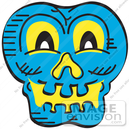 #29395 Royalty-free Cartoon Clip Art of a Scary Blue Halloween Skull Glowing With Yellow Light by Andy Nortnik