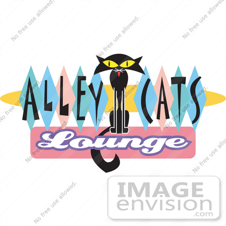 #29397 Royalty-free Cartoon Clip Art of a Slender Solid Black Cat Sitting In The Center Of Green, Blue And Pink Diamonds On A Vintage Alley Cats Lounge Sign by Andy Nortnik