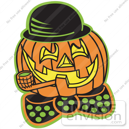 #29414 Royalty-free Cartoon Clip Art of a Carved Jack O Lantern Wearing a Hat and Bowtie and Grinning While Smoking a Pipe by Andy Nortnik