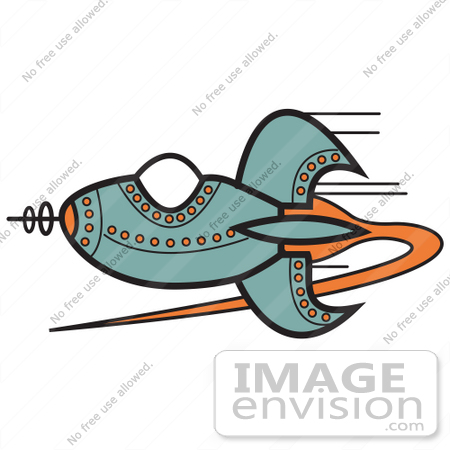#29431 Royalty-free Cartoon Clip Art of a Blue Rocket With Orange Studs Flying Through Outer Space by Andy Nortnik