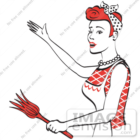 #29443 Royalty-free Cartoon Clip Art of a Happy Red Haired Housewife Or Maid Woman Wearing An Apron While Singing And Dancing And Using A Feather Duster by Andy Nortnik