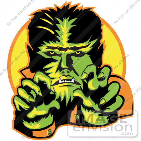 #29452 Royalty-free Cartoon Clip Art of a Male Werewolf Showing Fangs And Talons While Cast In Green And Yellow Lighting by Andy Nortnik