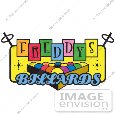 #29456 Royalty-free Cartoon Clip Art of a Rack Of Pool Balls On A Vintage Colorful Freddys Billiards Sign by Andy Nortnik