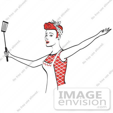 #29473 Royalty-free Cartoon Clip Art of a Happy Red Haired Housewife Wearing An Apron And Dancing With A Spatula While Singing by Andy Nortnik