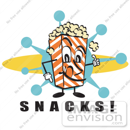 #29474 Royalty-free Cartoon Clip Art of a Popcorn Carton Character Filled With Buttery Popcorn Pointing Down At Text Reading "Snacks" At A Movie Theater by Andy Nortnik