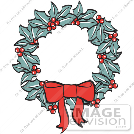 #29476 Royalty-free Cartoon Clip Art of a Red Bow On A Christmas Wreath Made Of Holly by Andy Nortnik