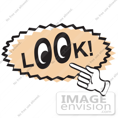 #29478 Royalty-free Cartoon Clip Art of a Vintage Sign Showing A Hand Pointing To The Word Look With Eyes In The O’s by Andy Nortnik