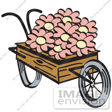 #29482 Royalty-free Cartoon Clip Art of an Old Fashioned Wooden Wheelbarrow With Pretty Pink And White Daisy Flowers On Easter by Andy Nortnik