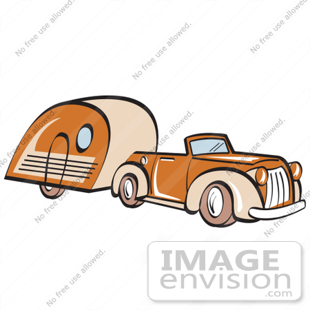 #29486 Royalty-free Cartoon Clip Art of an Orange Convertible Car Pulling A Trailer by Andy Nortnik