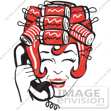 #29497 Royalty-free Cartoon Clip Art of a Red Haired Housewife With Her Hair Up In Curlers, Laughing While Talking On A Landline Telephone by Andy Nortnik