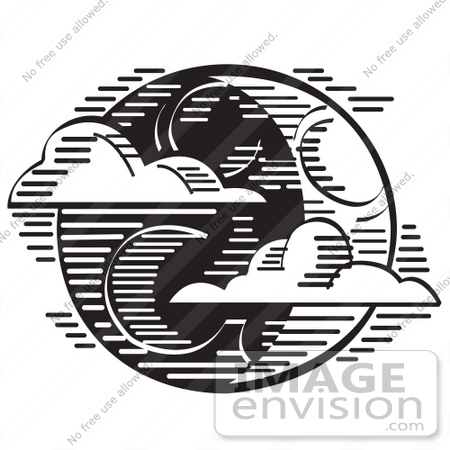 #29498 Royalty-free Cartoon Clip Art of Clouds Passing In Front Of A Crescent Moon On Halloween, Black and White by Andy Nortnik
