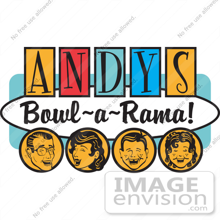 #29501 Royalty-free Cartoon Clip Art of a Man, Woman, Boy And Girl, Laughing And Having Fun On A Vintage "Andy’s Bowl-A-Rama!" Sign by Andy Nortnik