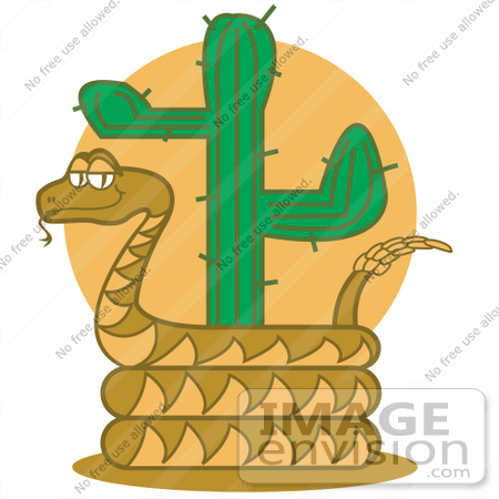 #29513 Royalty-free Cartoon Clip Art of a Rattlesnake Holding Out His Rattle And Curled Around A Desert Cactus by Andy Nortnik