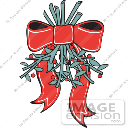#29516 Royalty-free Cartoon Clip Art of a Red Ribbon Hanging Mistletoe Upside Down For People To Kiss Under by Andy Nortnik