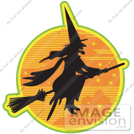 #29517 Royalty-free Cartoon Clip Art of an Ugly Witch In The Traditional Black Dress And Pointy Hat, Riding On A Broomstick And Silhouetted Against An Orange Starry Night Sky by Andy Nortnik