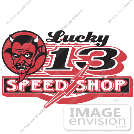 #29573 Royalty-free Cartoon Clip Art of a Red Horned Devil Man On A Lucky 13 Speed Shop Advertisement by Andy Nortnik
