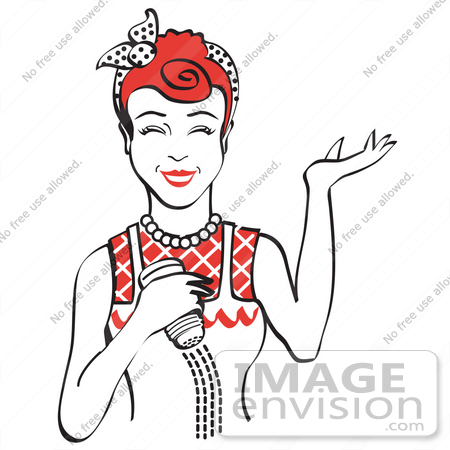 #29577 Royalty-free Cartoon Clip Art of a Happy Red Haired Woman Using a Salt Shaker While Cooking by Andy Nortnik
