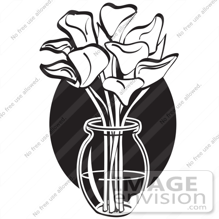 #29584 Royalty-free Cartoon Clip Art of a Bunch Of Cream Calla Lilies In A Clear Glass Vase Over A Blue Oval on Easter by Andy Nortnik