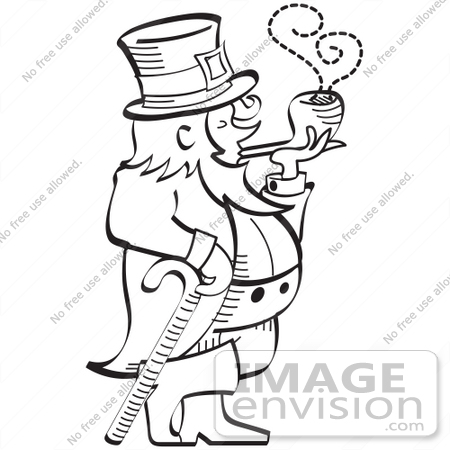 #29587 Royalty-free Cartoon Clip Art of a Leprechaun Leaning On A Cane And Smoking A Pipe in Black and White by Andy Nortnik
