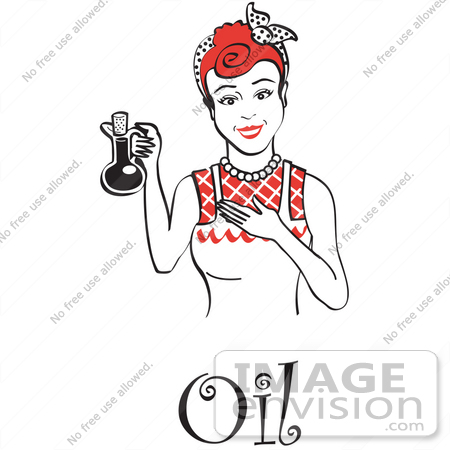 #29588 Royalty-free Cartoon Clip Art of a Happy Woman in an Apron, Holding up a Bottle of Cooking Oil, With Text by Andy Nortnik