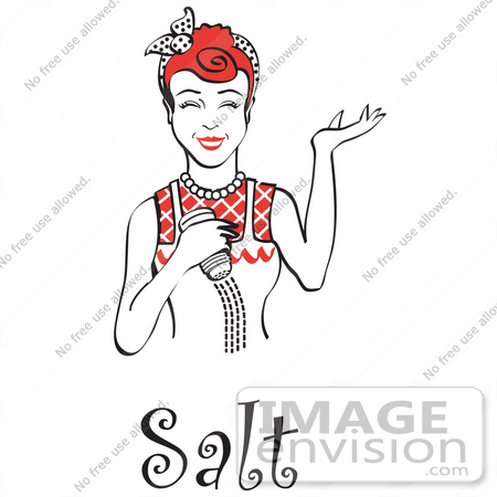 #29597 Royalty-free Cartoon Clip Art of a Happy Red Haired Woman Using a Salt Shaker While Cooking, With Text by Andy Nortnik