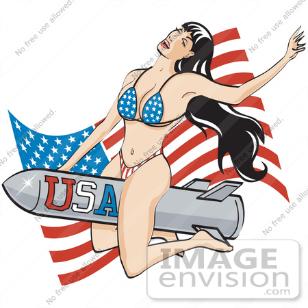 #29599 Royalty-free Cartoon Clip Art of a Sexy Brunette Woman In A Stars And Stripes Bikini, Riding A Rocket In Front Of An American Flag by Andy Nortnik
