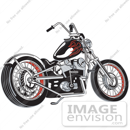 #29605 Royalty-free Cartoon Clip Art of a Black Motorcycle With Red Flame Paint Accents by Andy Nortnik
